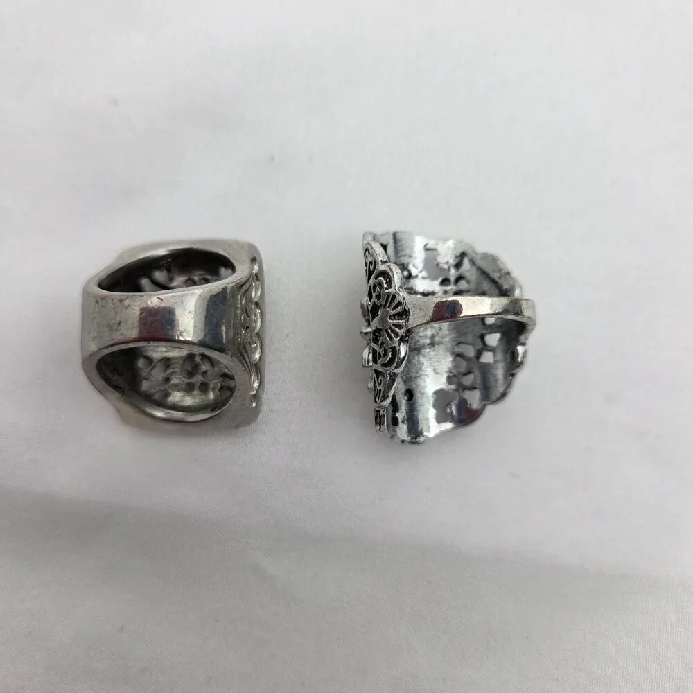 Set of 2 Vintage Silver-Tone Statement Rings - Boho Filigree & Floral